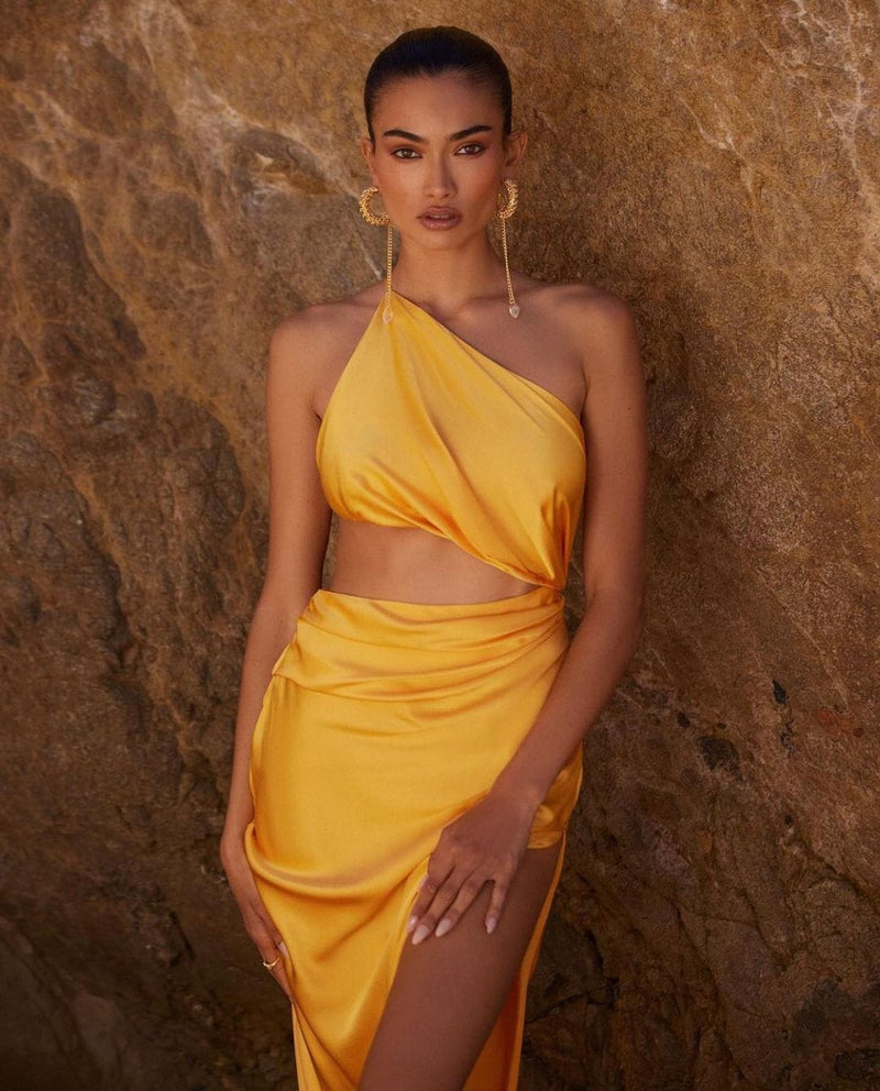 One-Shoulder Silk Satin Midi Dress styleofcb 