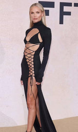 IRREGULAR LACE-UP SLIT DRESS IN BLACK styleofcb 
