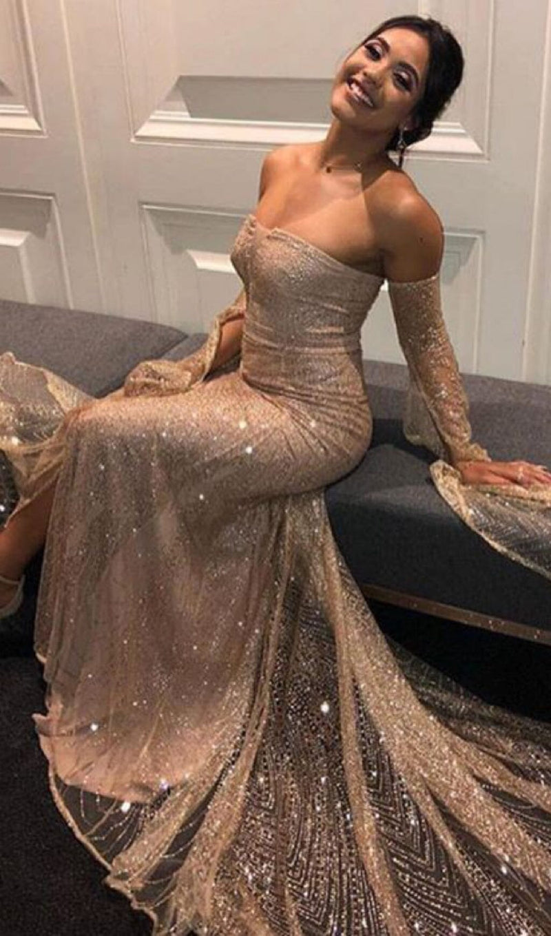 HIGH SPLIT GORGEOUS RHINESTONE DROP SLEEVE DRESS IN CHAMPAGNE styleofcb 