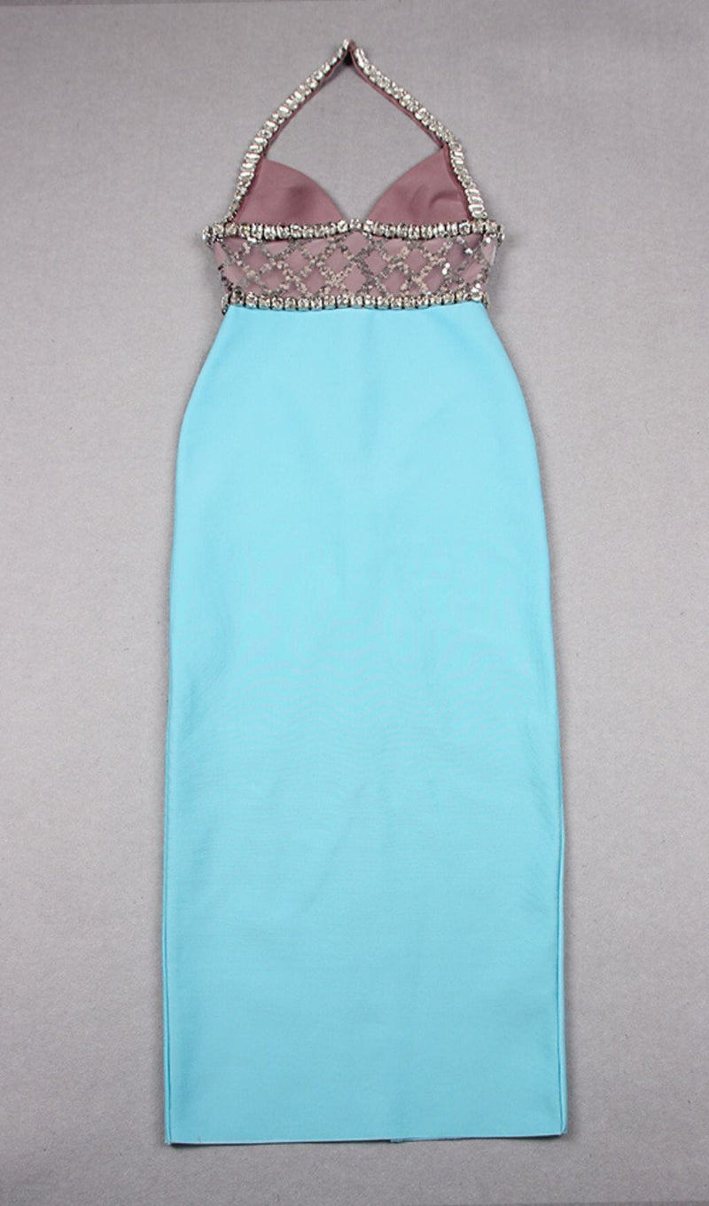RHINESTONE PLUNGE MIDI DRESS IN TURQUOISE DRESS STYLE OF CB 