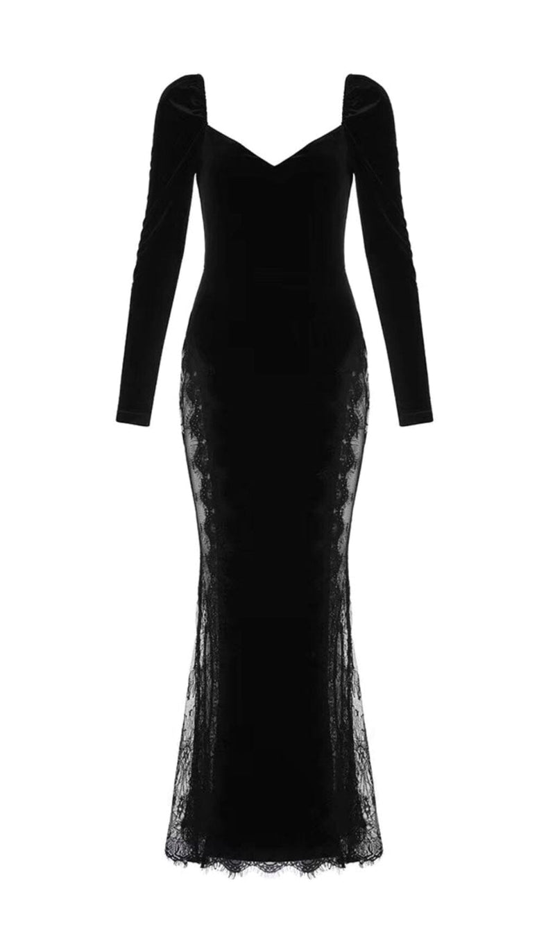 BURGUNDY SQUARE-NECK LACE STITCHED BAG BUTTOCK VELVET MAXI DRESS styleofcb 
