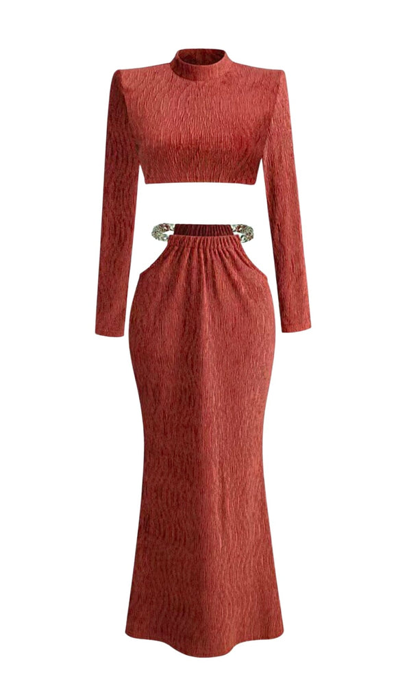 SPECIAL TEXTURE TURTLENECK LONG-SLEEVED PADDED SHOULDER SKIRT SET styleofcb 