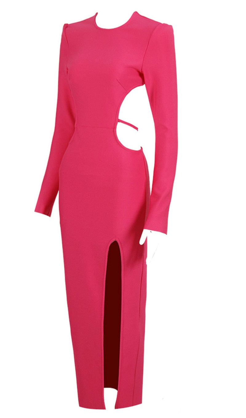 LONG SLEEVE OPEN BACK SLIT DRESS IN ROSE RED Bandage Dresses styleofcb 