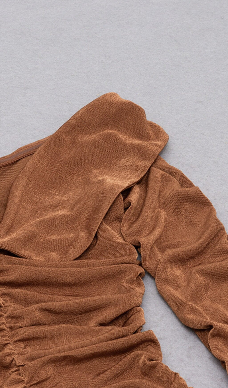 BROWN OFF-THE-SHOULDER PLEATED LONG-SLEEVED MIDI DRESS styleofcb 