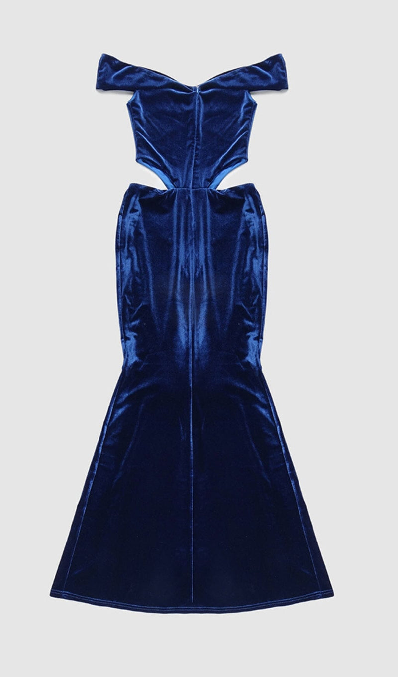 OFF SHOULDER WAIST HOLLOW VELVET MAXI DRESS IN BLUE styleofcb 