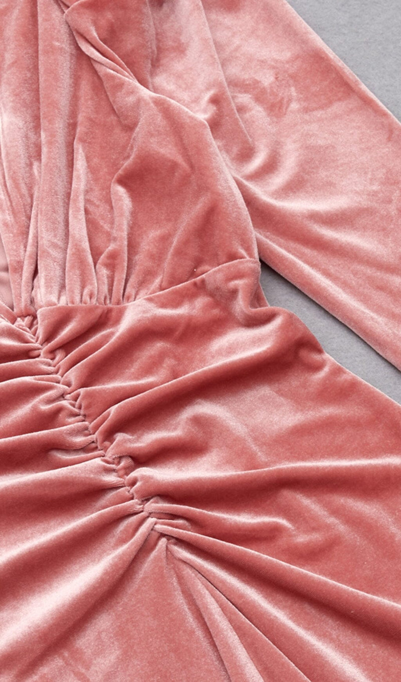 PINK LEG SLEEVE V-NECK VELVET DRESS styleofcb 