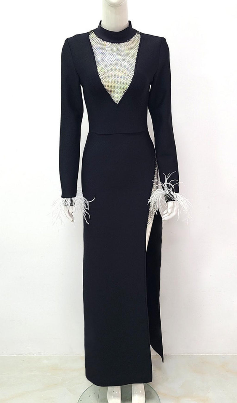 BLACK FEATHER LONG SLEEVE BANDAGE MAXI DRESS styleofcb 
