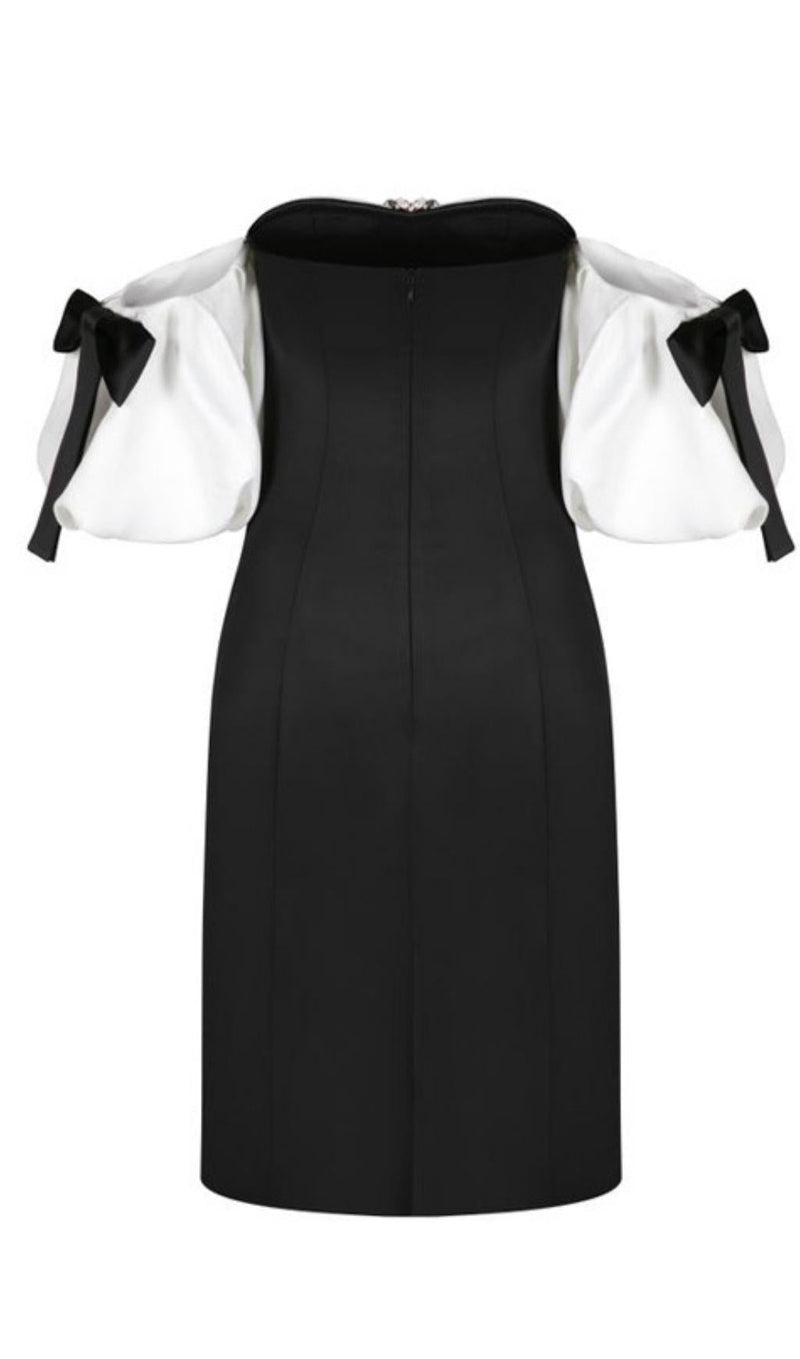 OFF SHOULDER BLACK AND WHITE PATCHWORK MINI DRESS styleofcb 