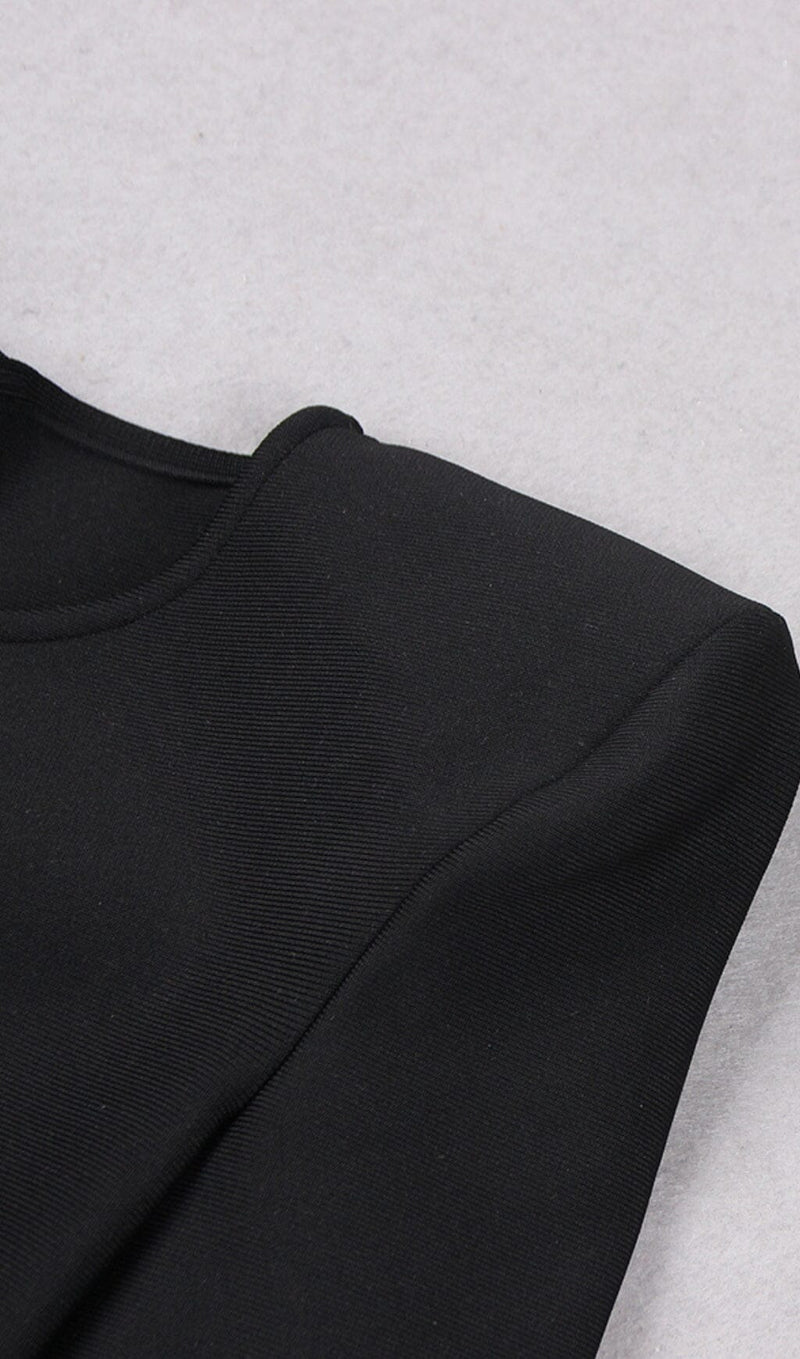 SHOULEDR PAD WAIST BARING FEATHER BLOUSE PLEATED DRESS IN BLACK styleofcb 