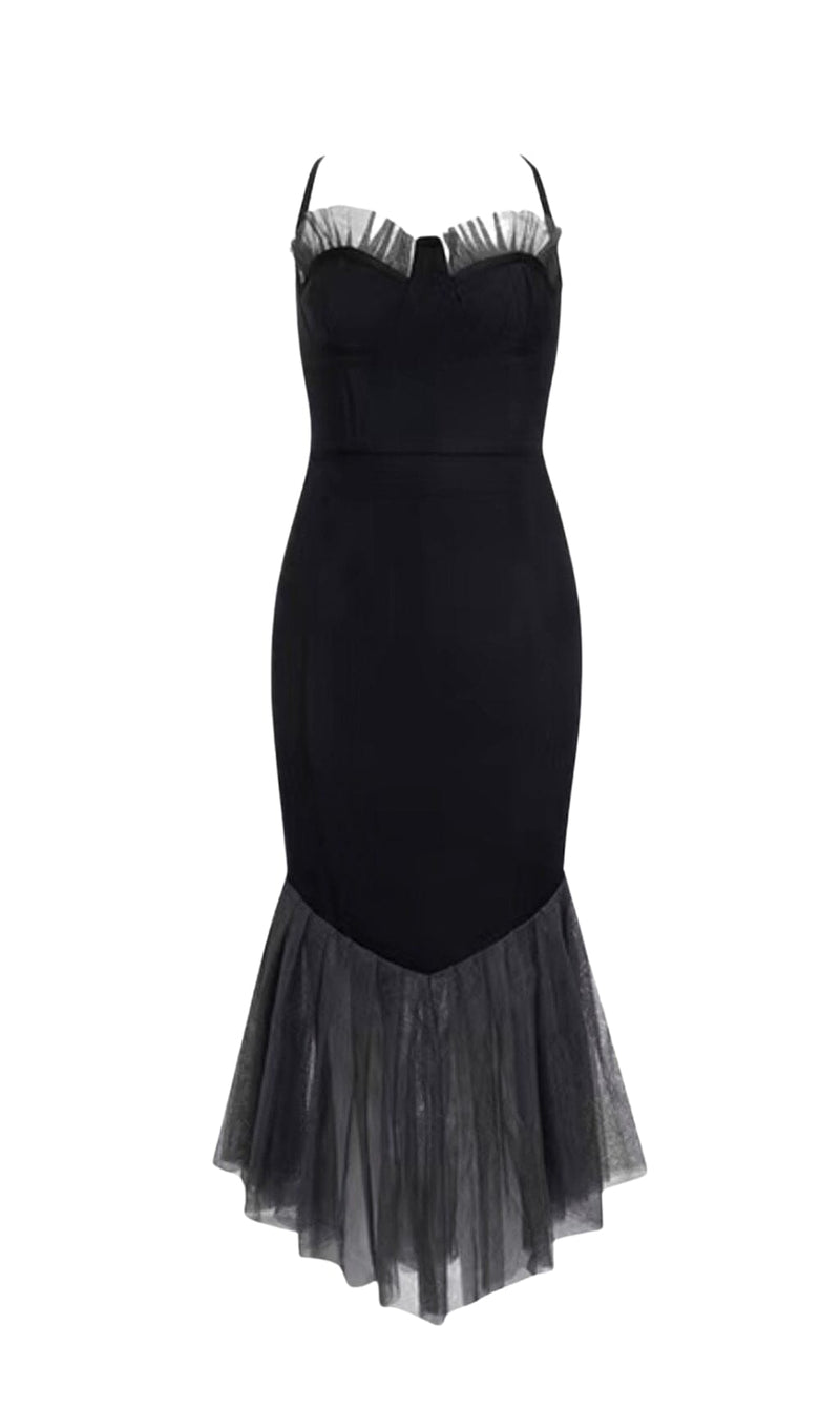 SHINY MESH STITCHED FISHTAIL SUSPENDER MIDI DRESS IN BLACK styleofcb 