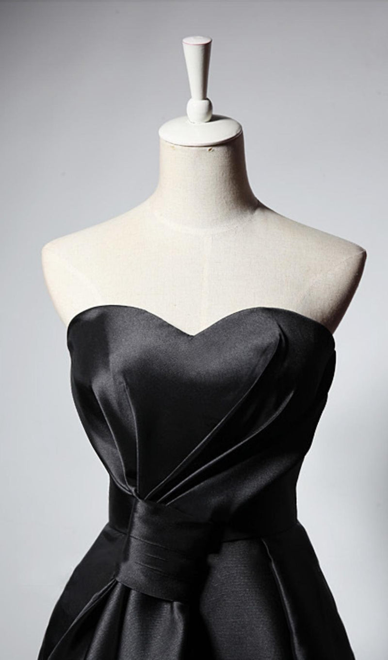 STRAPLESS SATIN MIDI DRESS IN BLACK styleofcb 