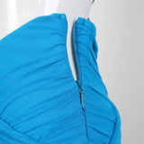 SHOULEDR PAD WAIST BARING FEATHER BLOUSE PLEATED DRESS IN BLUE styleofcb 