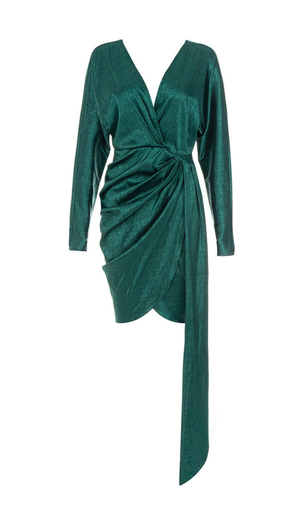 SATIN PRINT PLEATED MINI DRESS IN DARK GREEN styleofcb 