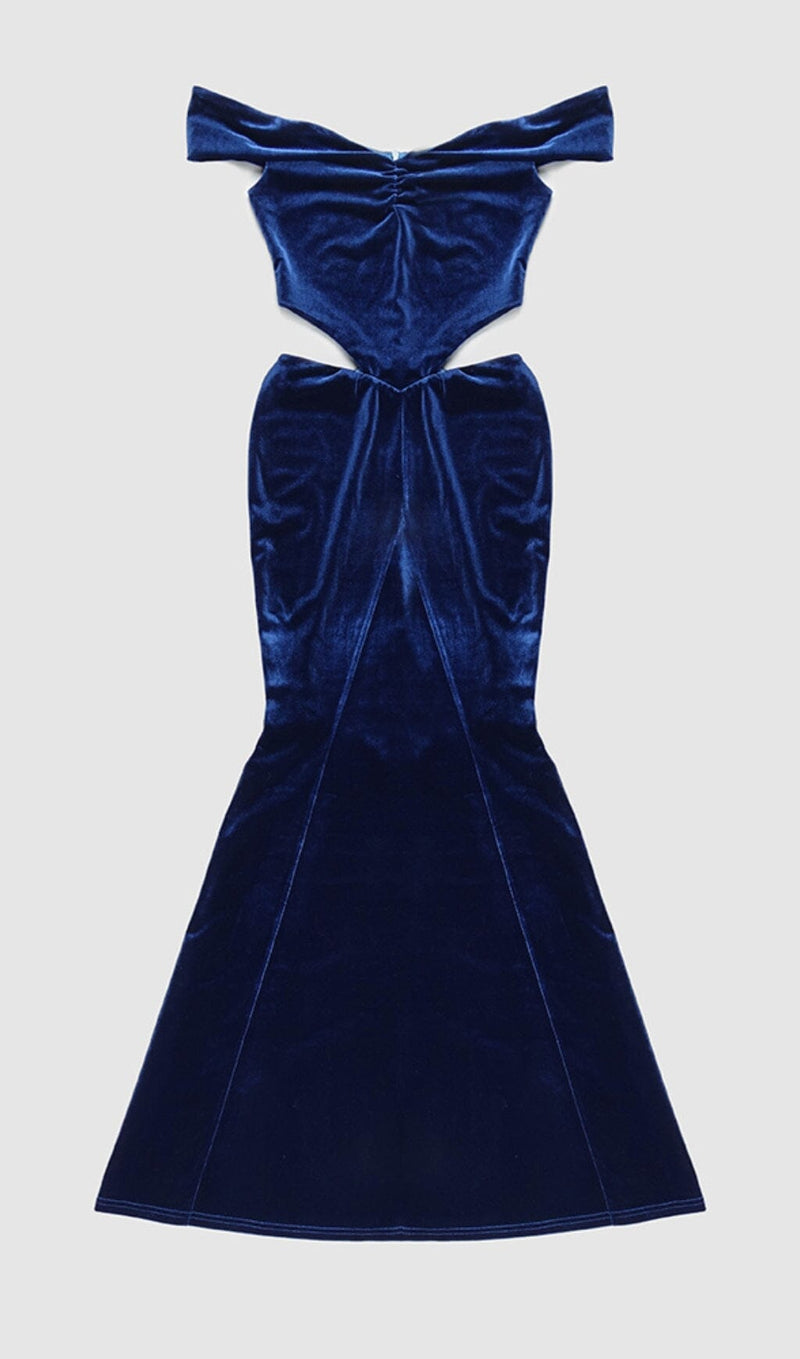 OFF SHOULDER WAIST HOLLOW VELVET MAXI DRESS IN BLUE styleofcb 