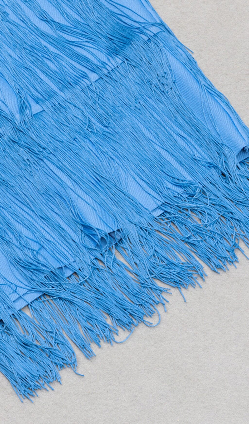 TASSEL HALTER BANAGE MIDI DRESS IN PURE BLUE DRESS styleofcb 