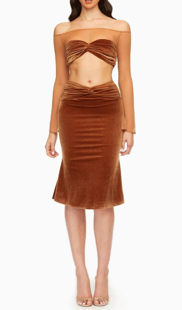 VELVET MESH SLEEVE TWO PIECE SUIT Tops styleofcb 