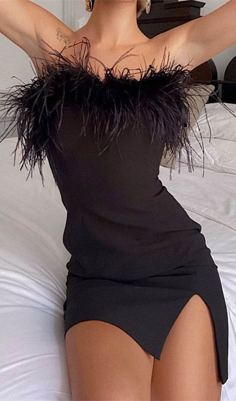 STRAPLESS FEATHER MINI DRESS IN BLACK styleofcb 