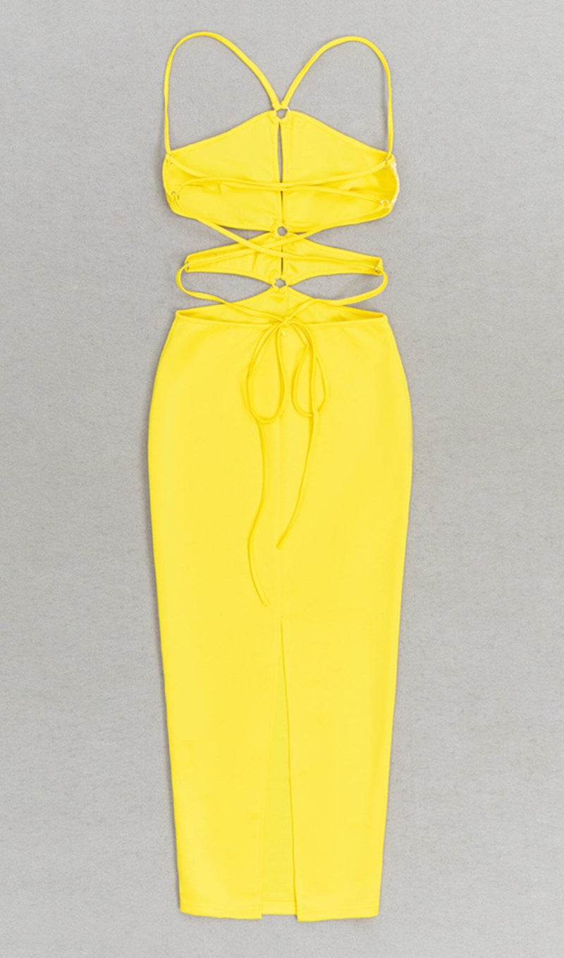 CRISSCROSS HALTERNECK CUTOUT MIDI DRESS IN YELLOW styleofcb 