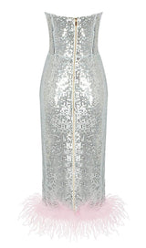 STRAPLESS SEQUIN FEATHER MIDI DRESS IN SILVER Dresses styleofcb 