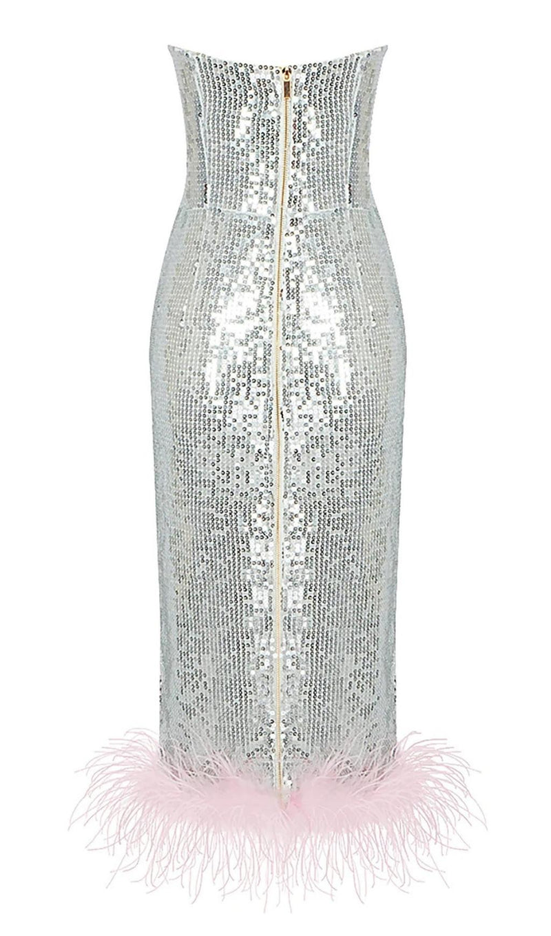 STRAPLESS SEQUIN FEATHER MIDI DRESS IN SILVER Dresses styleofcb 