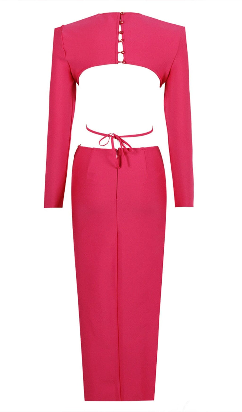 LONG SLEEVE OPEN BACK SLIT DRESS IN ROSE RED Bandage Dresses styleofcb 