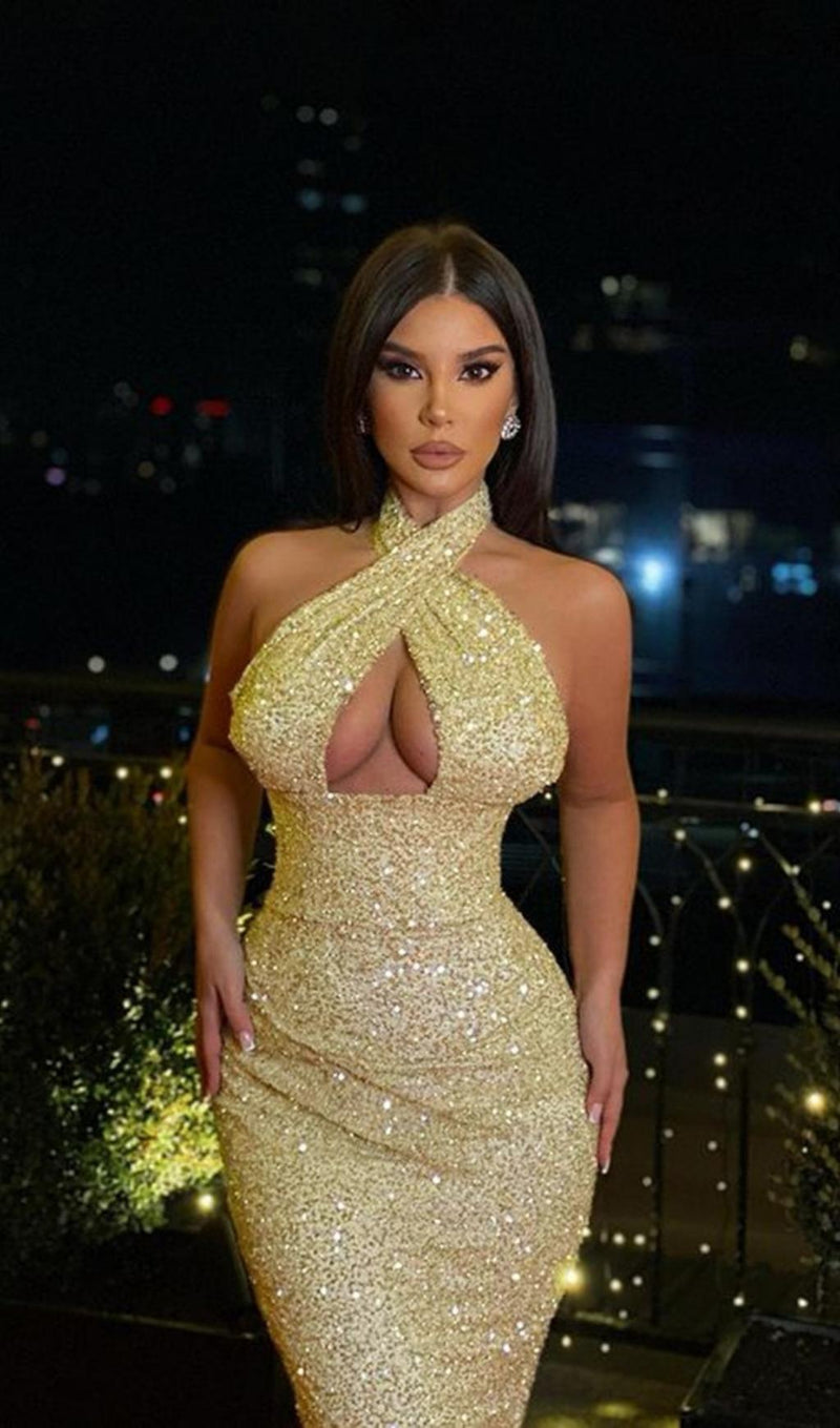 HALTER SEQUIN MIDI DRESS IN GOLD Dresses styleofcb 