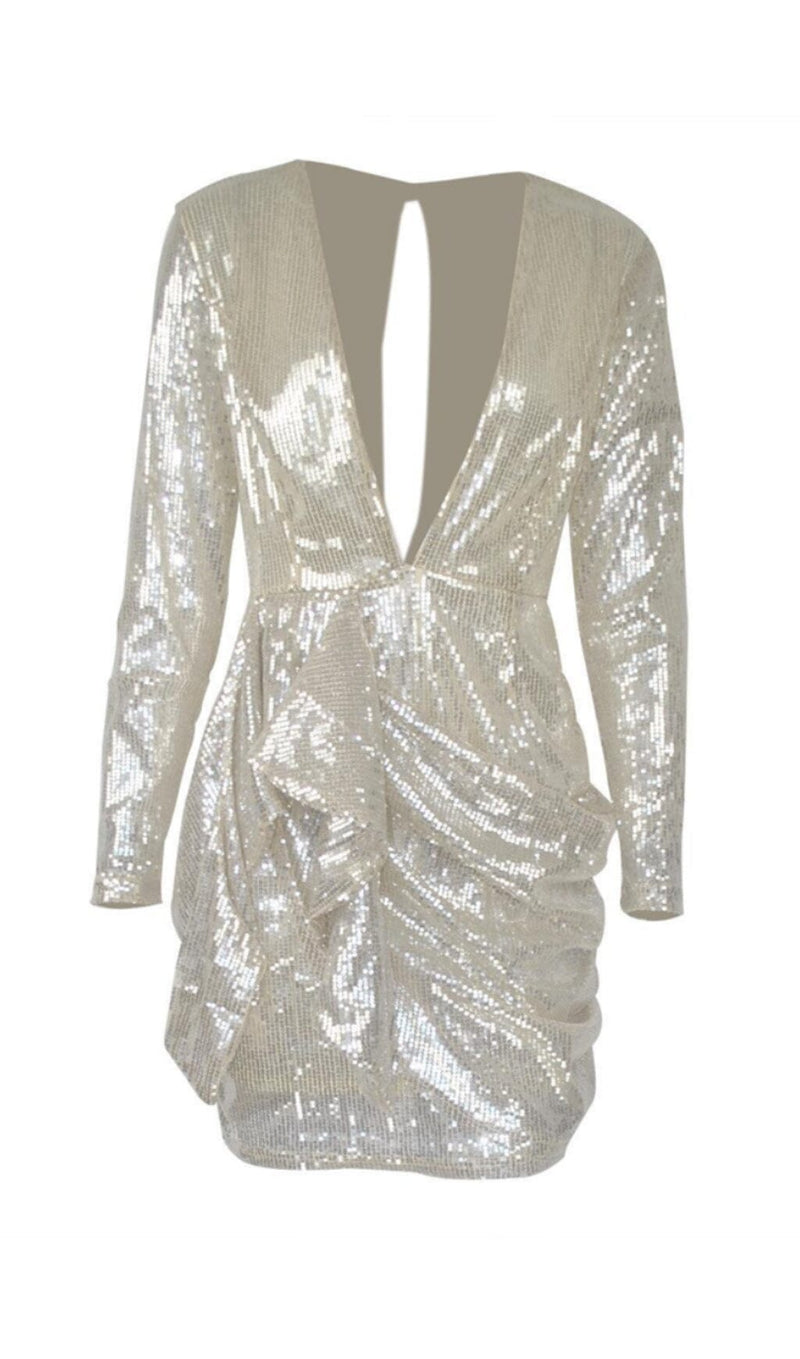 SEQUIN DEEP V-NECK PLEATED BOTTOM MINI DRESS IN SILVER styleofcb 
