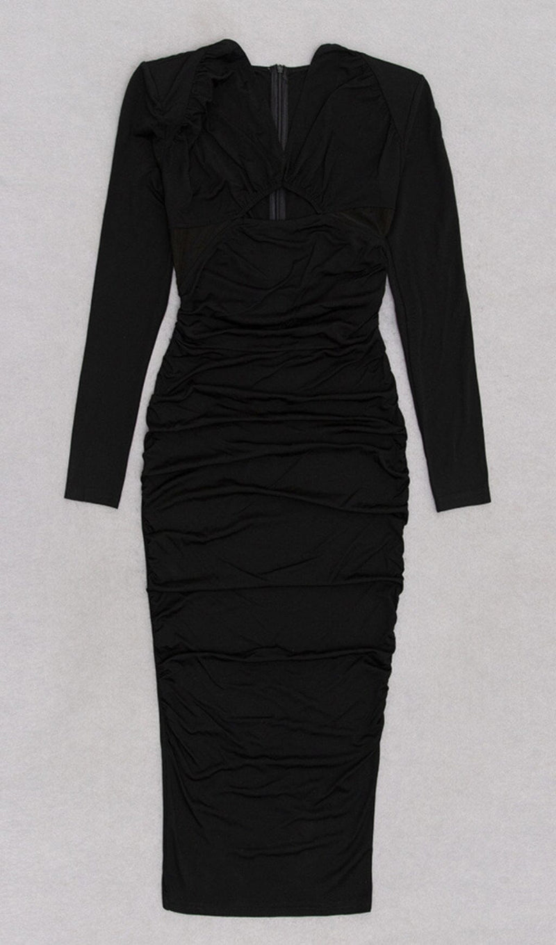 LONG SLEEVED V NECK PLEATED MIDI DRESS IN BLACK DREESES styleofcb 
