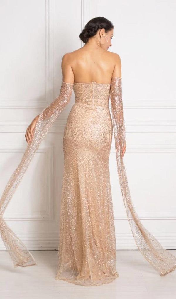 HIGH SPLIT GORGEOUS RHINESTONE DROP SLEEVE DRESS IN CHAMPAGNE styleofcb 