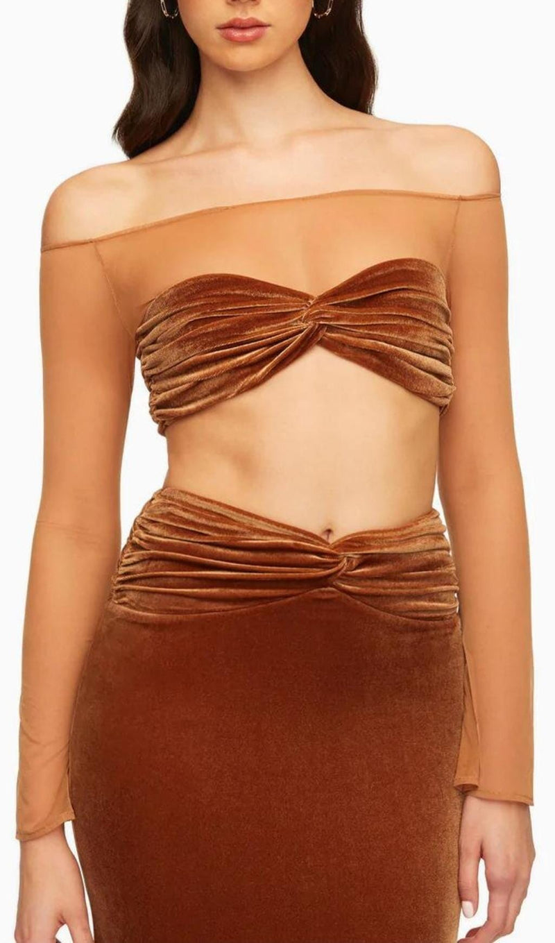VELVET MESH SLEEVE TWO PIECE SUIT Tops styleofcb 