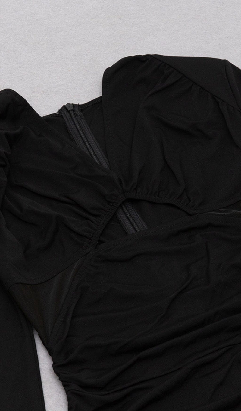 LONG SLEEVED V NECK PLEATED MIDI DRESS IN BLACK DREESES styleofcb 
