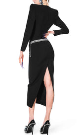 BLACK SQUARE NECK RHINESTONE BODICE MIDI DRESS styleofcb 