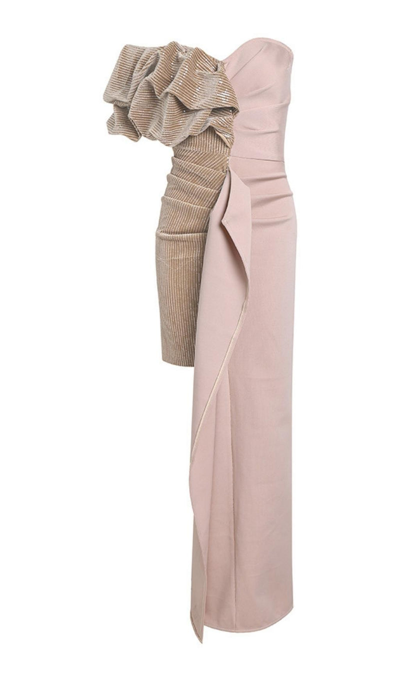 RUCHED STRAPLESS SPLICING MIDI DRESS styleofcb 