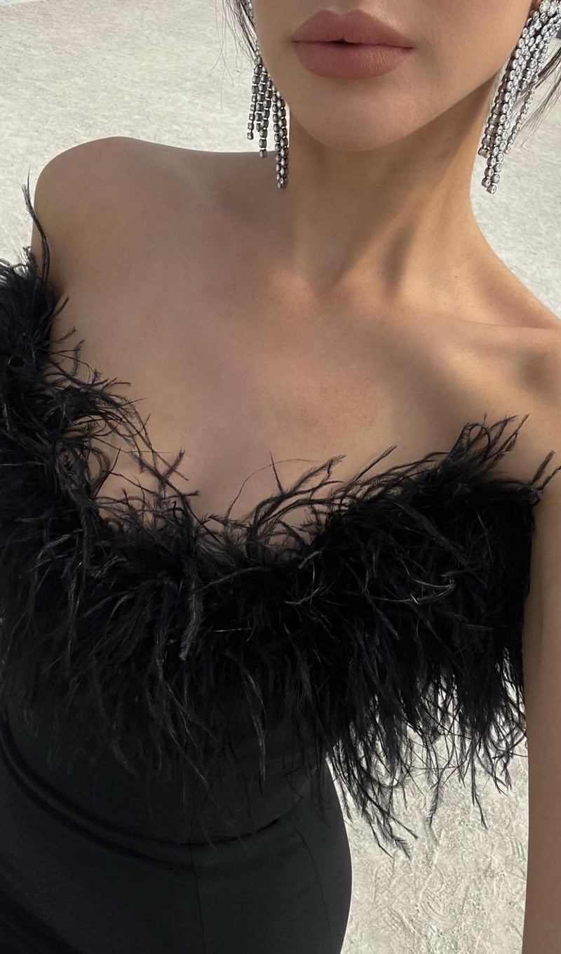 FEATHER BODYCON MAXI DRESS IN BLACK Dresses styleofcb 