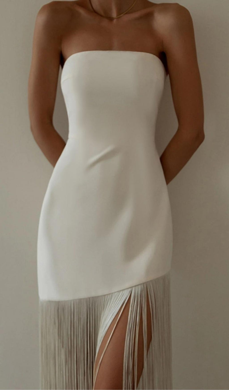 FRINGED STRAPLESS MINI DRESS Dresses styleofcb 