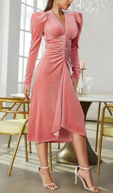 PINK LEG SLEEVE V-NECK VELVET DRESS styleofcb 