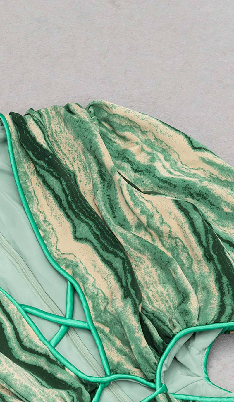 ALLOVER PRINT CUT OUT PUFF SLEEVE DRESS IN EMERALD GEMSTONE DRESS STYLE OF CB 