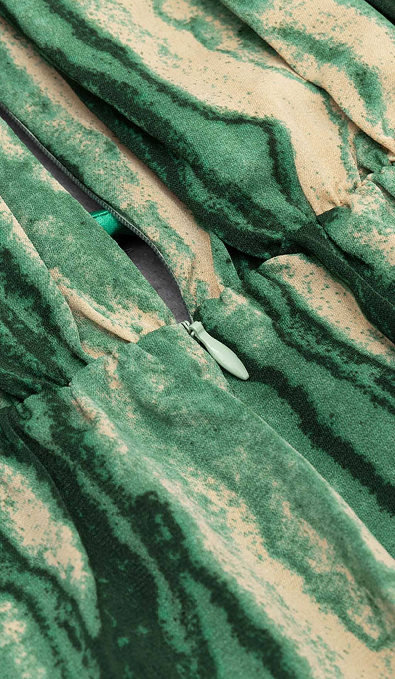 ALLOVER PRINT CUT OUT PUFF SLEEVE DRESS IN EMERALD GEMSTONE DRESS STYLE OF CB 
