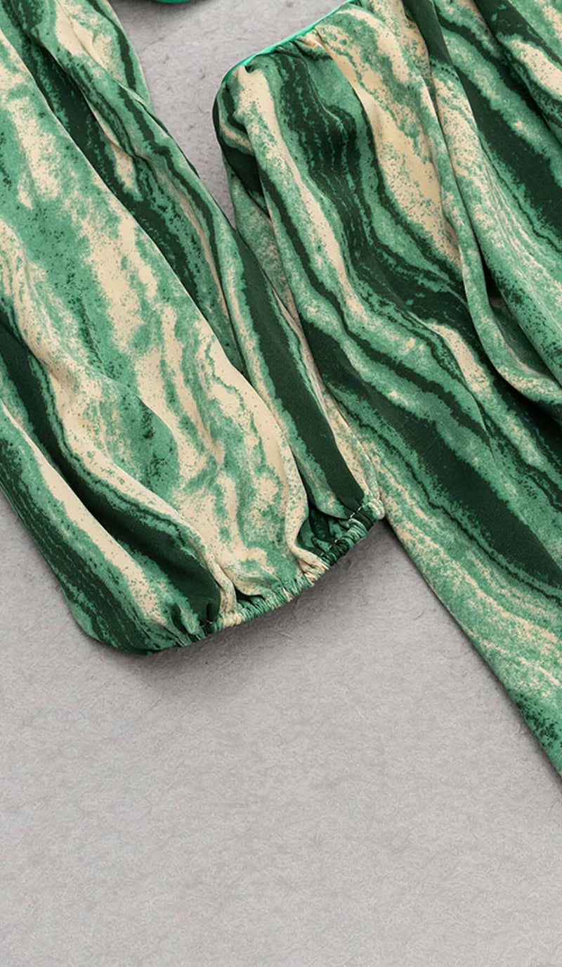ALLOVER PRINT CUT OUT PUFF SLEEVE DRESS IN EMERALD GEMSTONE DRESS STYLE OF CB 