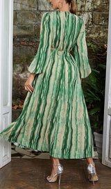 ALLOVER PRINT CUT OUT PUFF SLEEVE DRESS IN EMERALD GEMSTONE DRESS STYLE OF CB 
