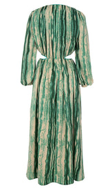 ALLOVER PRINT CUT OUT PUFF SLEEVE DRESS IN EMERALD GEMSTONE DRESS STYLE OF CB 