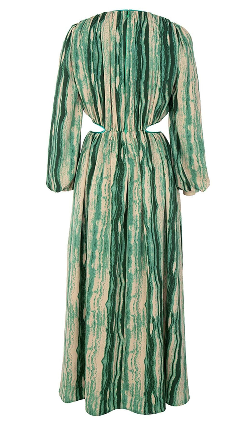 ALLOVER PRINT CUT OUT PUFF SLEEVE DRESS IN EMERALD GEMSTONE DRESS STYLE OF CB 
