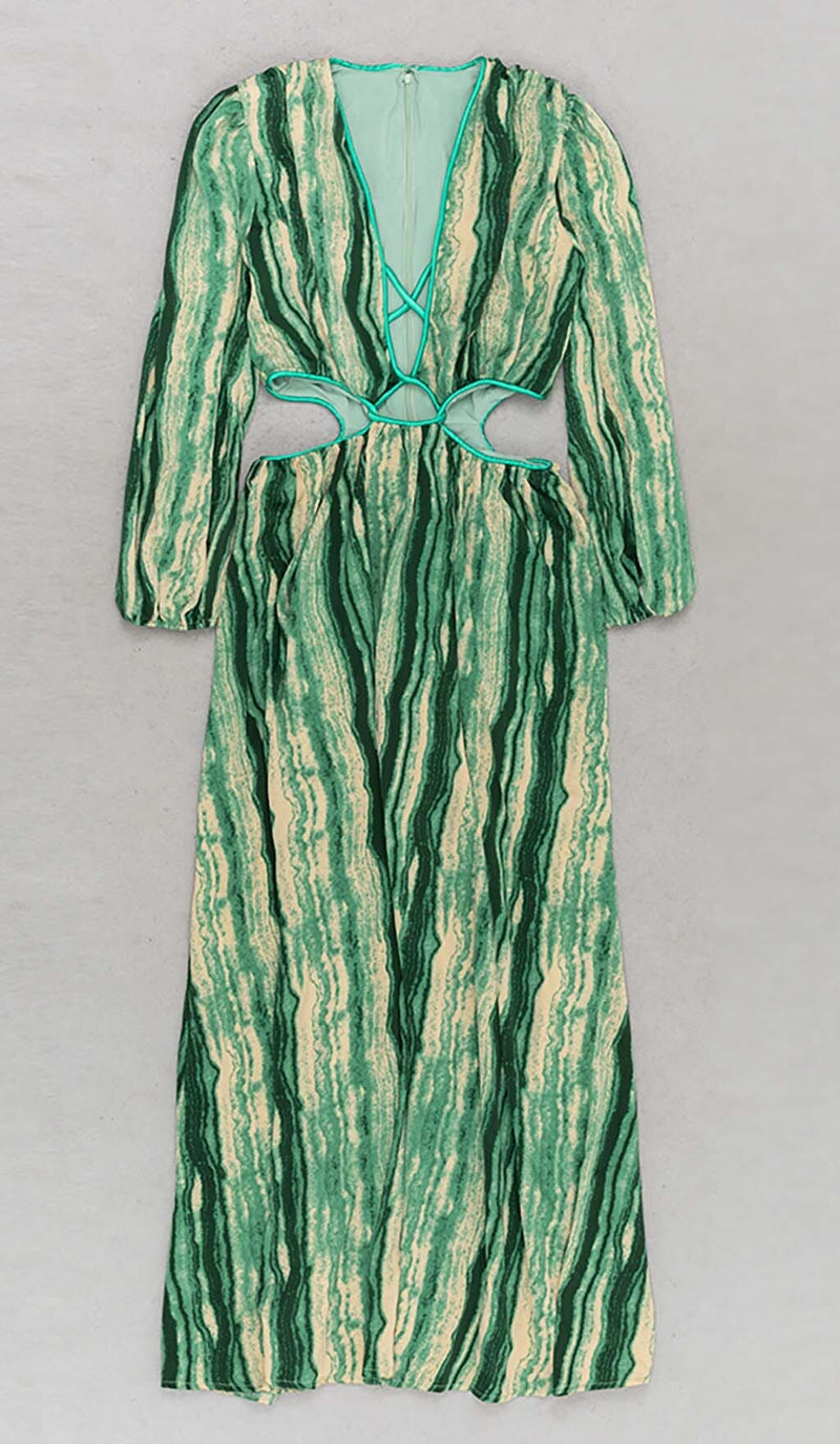 ALLOVER PRINT CUT OUT PUFF SLEEVE DRESS IN EMERALD GEMSTONE DRESS STYLE OF CB 