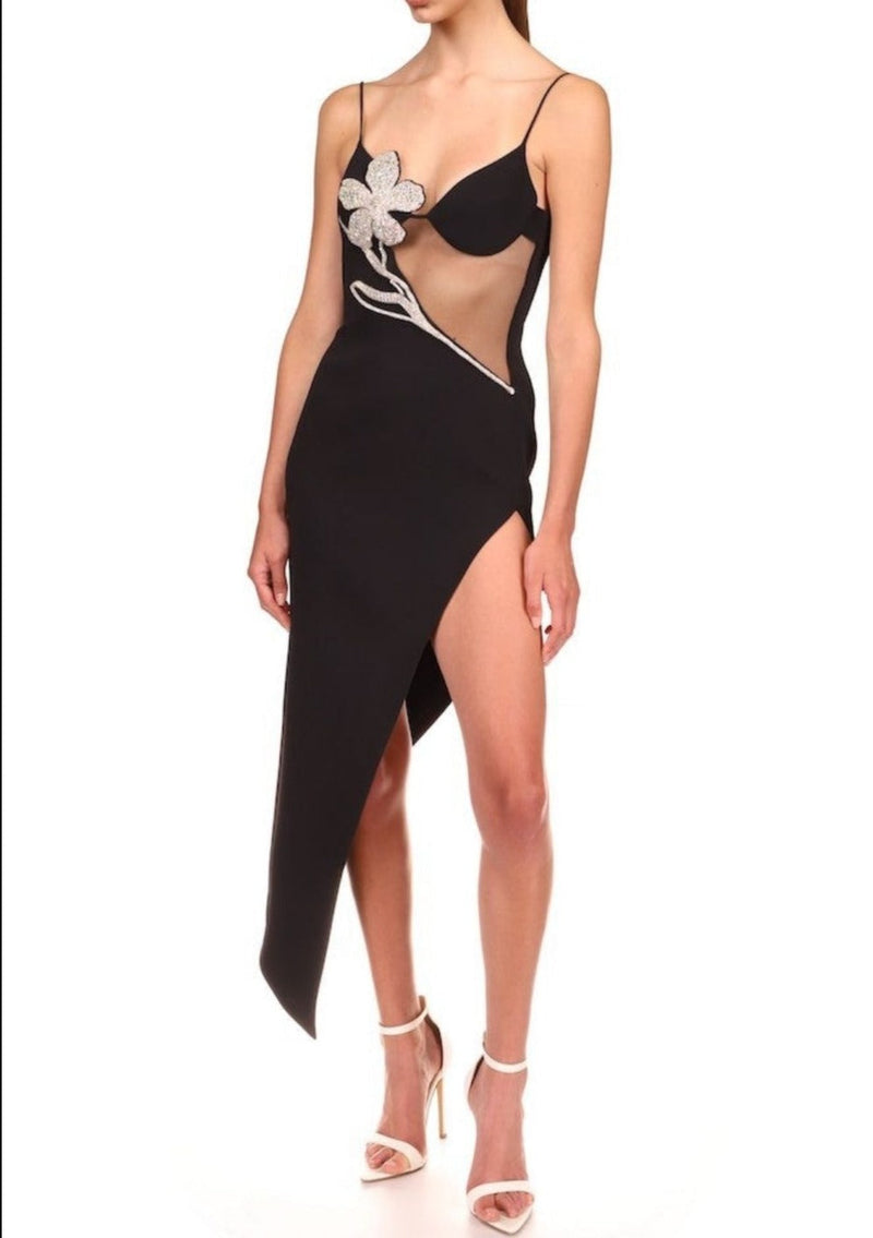 ASYMMETRIC CRYSTAL FLOWER DRESS IN BLACK Dresses styleofcb 