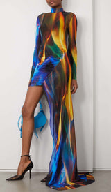 ASYMMETRIC PRINT FRONT MINI DRESS IN COLORFUL DRESS STYLE OF CB 