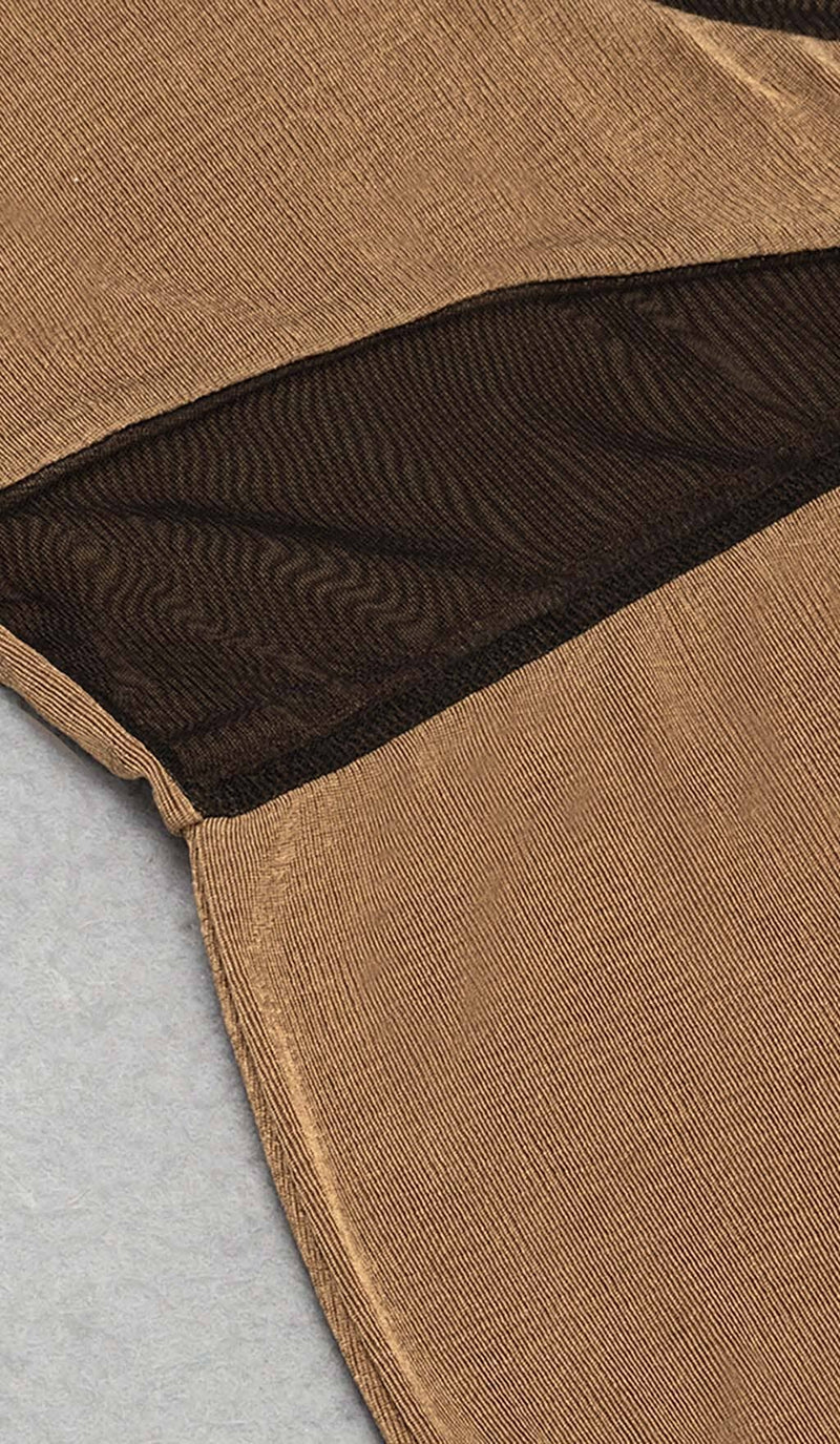 ASYMMETRICAL PATTERN MESH JUMPSUIT IN BROWN DRESS STYLE OF CB 