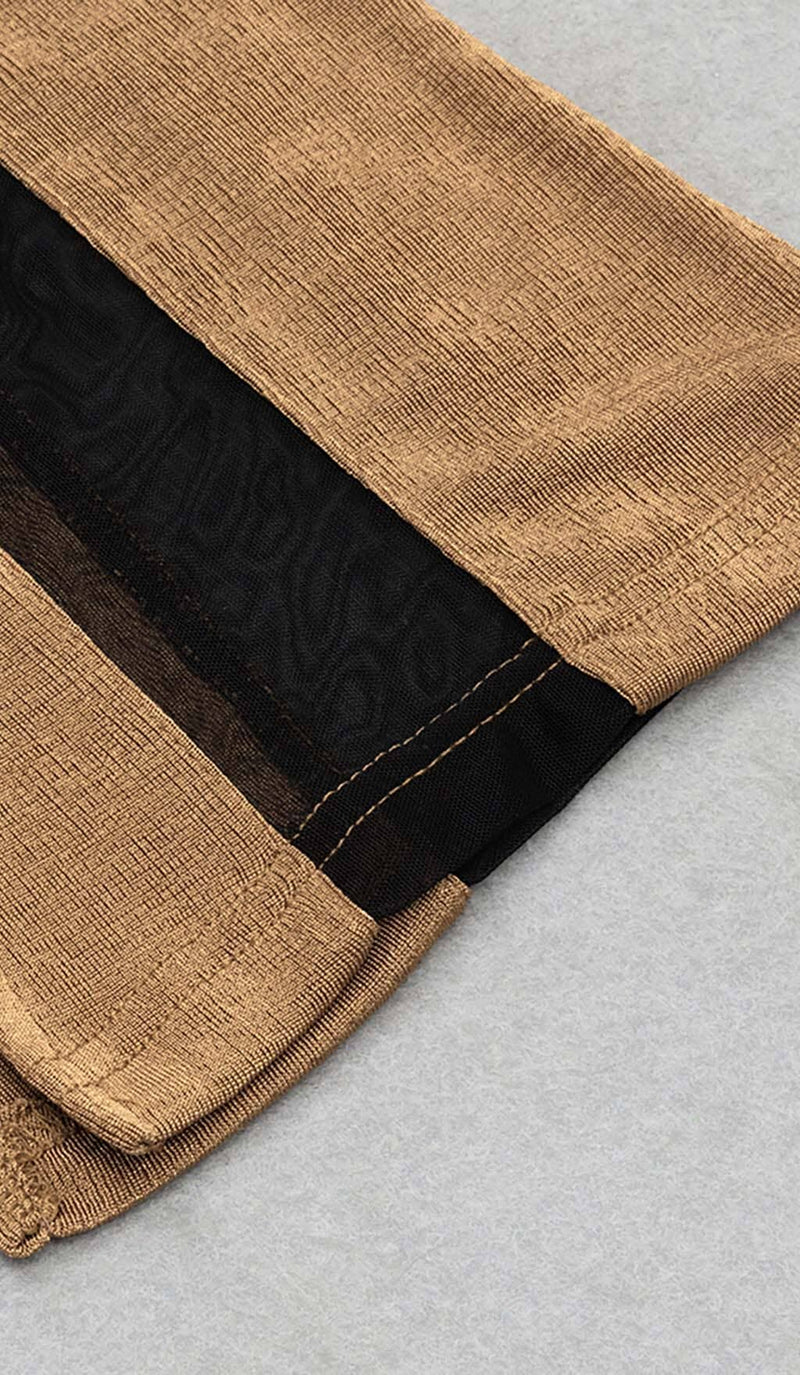 ASYMMETRICAL PATTERN MESH JUMPSUIT IN BROWN DRESS STYLE OF CB 