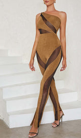 ASYMMETRICAL PATTERN MESH JUMPSUIT IN BROWN DRESS STYLE OF CB 