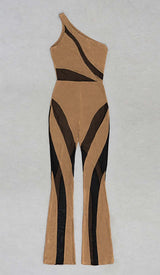 ASYMMETRICAL PATTERN MESH JUMPSUIT IN BROWN DRESS STYLE OF CB 