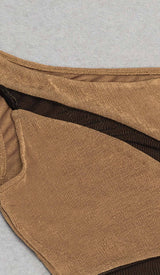 ASYMMETRICAL PATTERN MESH JUMPSUIT IN BROWN DRESS STYLE OF CB 